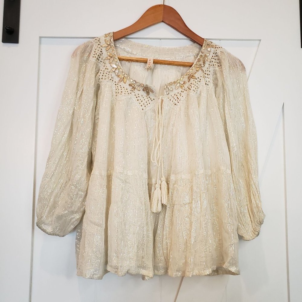 RAGA Madi Shimmer Swing Blouse Anthropologie White Hippie Boho, Size Small